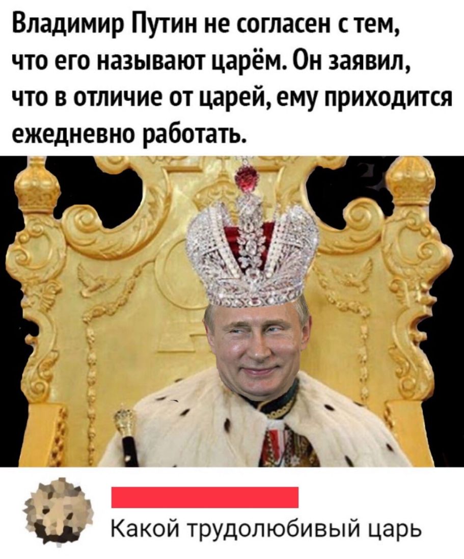 Владимир Путин не согласен с тем что его называют царём Он заявил что в отличие от царей ему приходится ежедневно работать Какой трудолюбивый царь