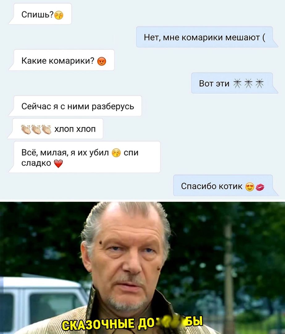 Спишь Нет мне комарики мешают Какие комарики Вот эти т 77 Т Сейчас я с ними разберусь _ хпоп хпоп Всё милая я их убил спи сладко 7 Спасибо котик емёочиыцдо ы