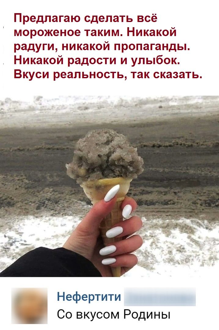 Предлагаю сделать всё мороженое таким Никакой радуги никакой пропаганды Никакой радости и улыбок Вкуси реальность так сказать Нефертити Со вкусом Родины