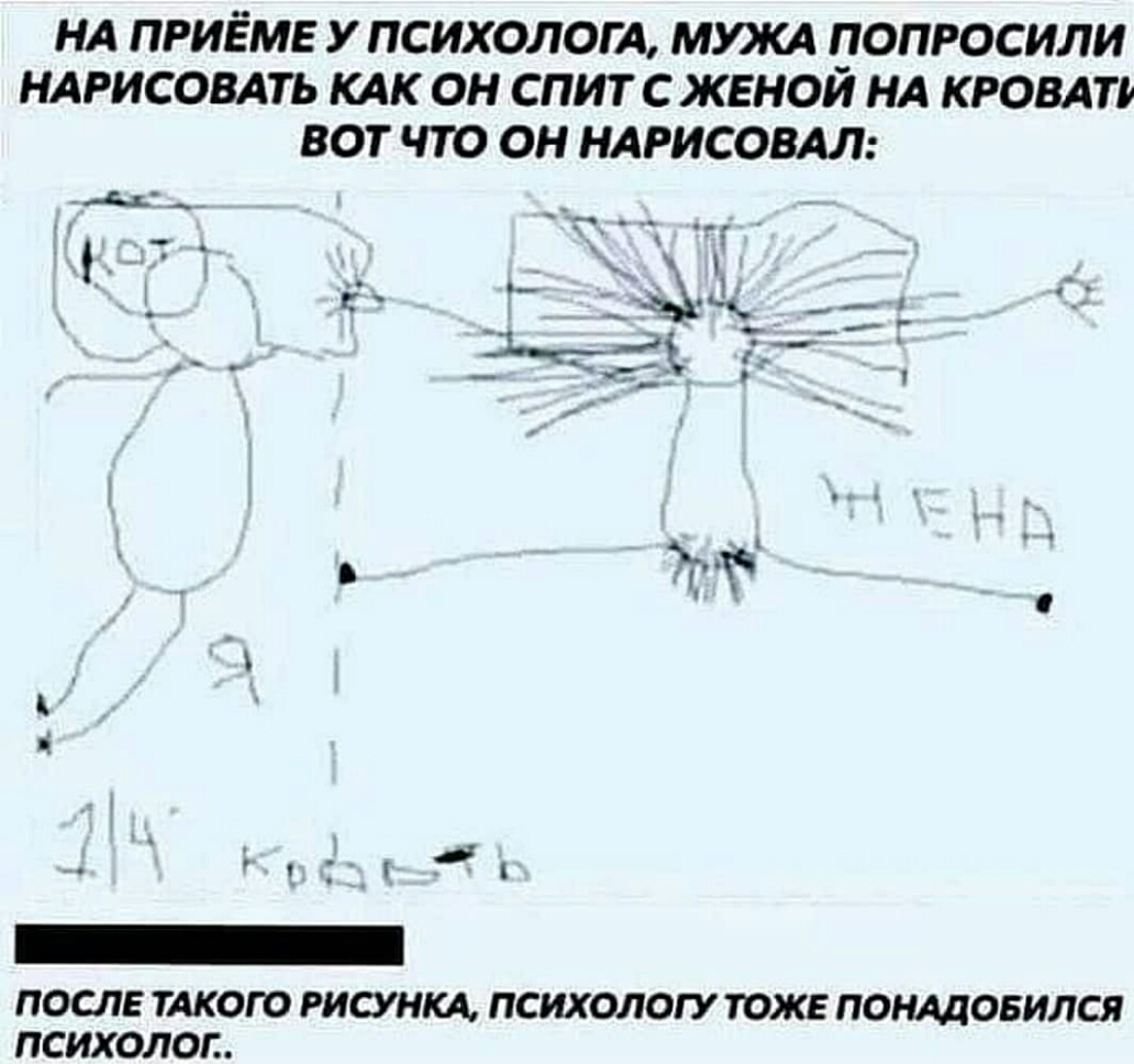 НА ПРИЁМЕ У ПСИХОЛОГА МЮКА ПОПРОСИЛИ НАРИСОВАТЬ КАК ОН СПИТ С ЖЕНОИ НА КРОВАТБ ВОТ ЧТО ОН НАРИСОВАЛ _ ЁЩ К о 1 _і _ т Т с т 1 ПОСЛЕ ТАКОГО РИСУНКА ПСИХОЛОГУ ТОЖЕ ПОНАДОБИЛСЯ ПСИХОЛОП