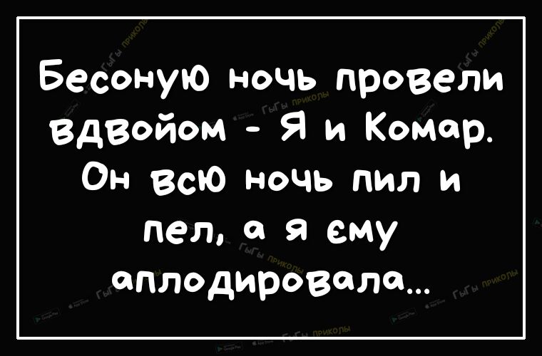 Бесоную ночь провели вдвойом Я и Комар Он всю ночь пил и пел в я ему аплодировала