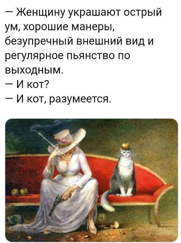 Женщину украшают острый ум хорошие манеры безупречный внешний вид и регулярное пьянство по выходным И кот И кот разумеется