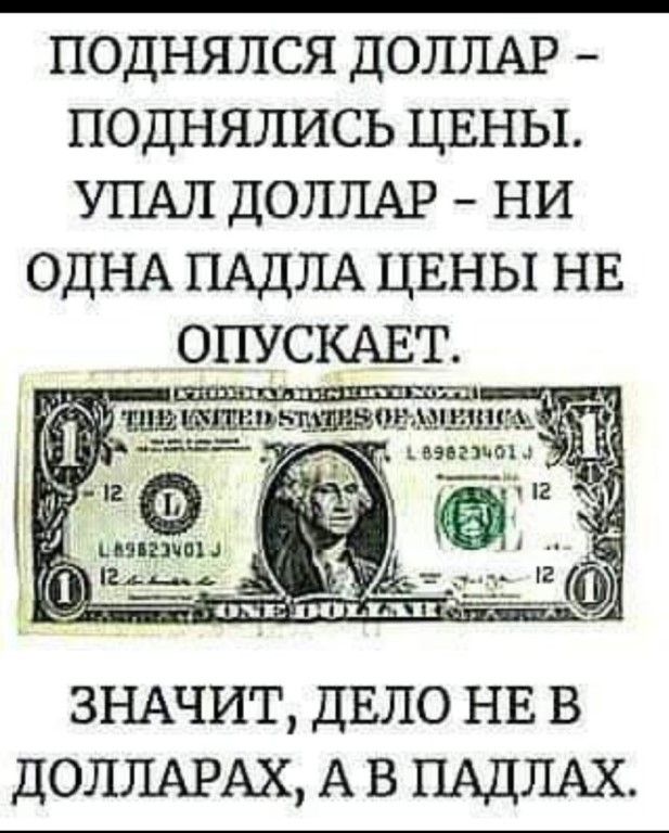 ПОДНЯЛСЯ ДОЛЛАР ПОДНЯЛИСЬ ЦЕНЫ УПАЛ ДОЛЛАР НИ ОДНА ПАДЛА ЦЕНЫ НЕ ОПУСКАЕТ 13 шашшшщщатъшщщш 7 2 ЗНАЧИТ ДЕЛО НЕ В ДОЛЛАРАХ А В ПАДЛАХ