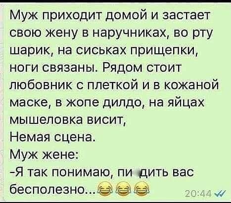Муж приходит домой и застает свою жену в наручниках во рту шарик на сиськах прищепки ноги связаны Рядом стоит любовник плеткой и в кожаной маске в жопе дилдо на яйцах мышеловке висит Немая сцена Муж жене Я так понимаю пи дить вас бесполезнодЁёЁЦё