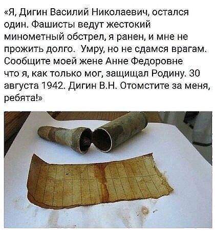 ЯДигин Василий Николаевич остался один Фашисты ведут жестокий минометный обстрел я ранен и мне не прожить долго Умру но не сдамся врагам Сообщите моей жене Анне Федоровне что я как только мог защищал Родину 30 августа 1942 Дигин ВН Отомстите за меня ребята