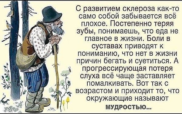 С развитием склероза каюте само собой забывается всё плохое Постепенно теряя зубы понимаешь что еда не главное в жизни Боли в суставах приводят к пониманию что нет в жизни причин бегать и суетиться А прогрессирующая потеря слуха всё чаще заставляет помапкивать Вот так с возрастом и приходит то что окружающие называют МУДРОСТЬЮ