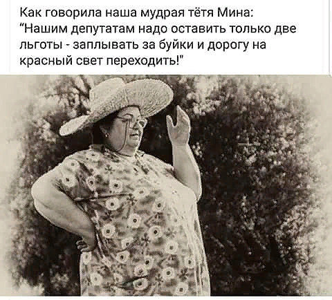 Как говорила наша мудрая тетя Мина Нашим депутатам надо оставить только две льготы эаплывать за буйки и дорогу на красный свет переходить