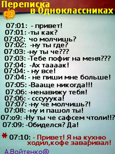 0701 привет 0701 ты как 0702 чо молчишь 0702 ну ты где 0703 ну ты че 0703 Тебе пофиг на меня 0704 А таааак 0704 ну все 0704 не пиши мне больше 07 05 Вааще никогда 0706 ненавижу тебя 07 Об сссууук 0707 ну че молчишь 0708 ну и пашоп ты 0709 Ну ты че сафсем чтоли 0709 Обидепг_я Да 0710 Привет Я на кухню ходилсофе заваривал АВойтенко