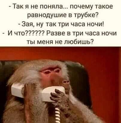 Так я не поняла почему такое равнодушие в трубке Зая ну так три часа ночи И что Разве в три часа ночи ты меня не любишь