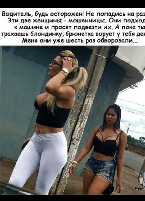 Водитель будь осторожен Не попадись на ра Эти две женщины мошенницы Они подхал машине и просят подвезти их А пока т трахаешь блондинку брюнетка во ует у тебя д Меня они уже шесть раз о воровали