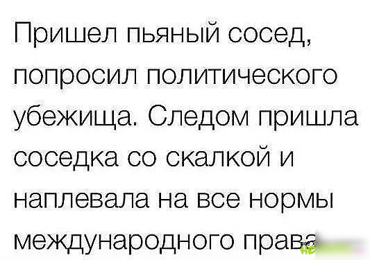 Пришел пьяный сосед попросил политического убежища Следом пришла соседка со скалкой и наплевала на все нормы международного праве