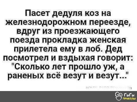 Пасет дедуля коз на железнодорожном переезде вдруг из проезжающего поезда прокладка женская прилетела ему в лоб дед посмотрел и вздыхая говорит Сколько лет прошло уж а раненых всё везут и везут