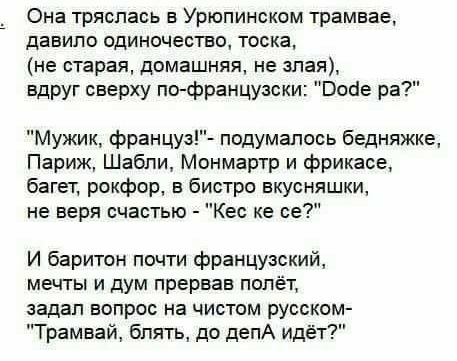 Она тряслась в Урюпинском трамвае давила одиночество тоска не старая домашняя не злая вдруг сверху по французски Воае ра Мужик француз подумалось бедняжке Париж Шабли Монмартр и фрикасе багет рокфор бистро вкусняшки не веря счастью Кес ке ее И баритон почти французский мечты и дум прервав полёт задал вопрос на чистом русском Трамвай блять до депА идёт