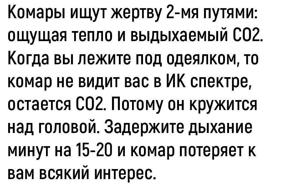 Комары ищут жертву 2 мя путями ощущая тепло и выдыхаемый 602 Когда вы лежите под одеялком то комар не видит вас в ИК спектре остается 002 Потому он кружится над головой Задержите дыхание минут на 15 20 и комар потеряет к вам всякий интерес