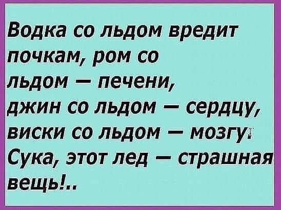 Водка со льдом вредит почкам ром со льдом печени джин со льдом сердцу виски со льдом мозгу Сука этот лед страшная вещь