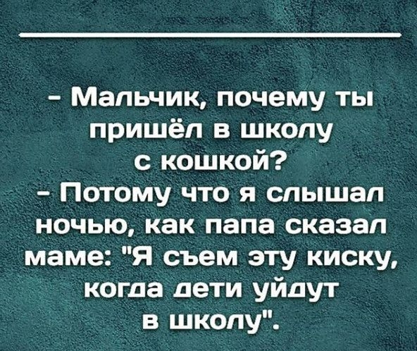 Мальчик почему ты пришёл в школу с кошкой Потому что я слышал ночью как папа сказал маме Я съем эту киску когда дети уйдут в школу