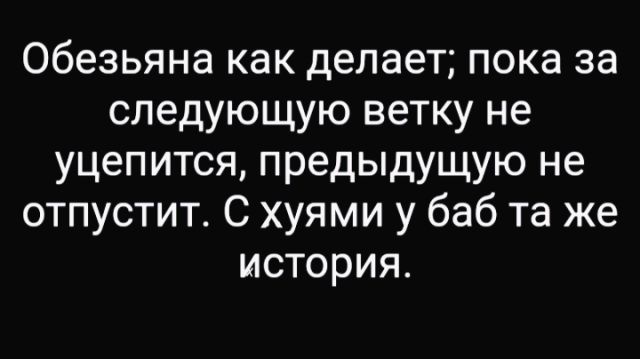 Обезьяна как делает пока за следующую ветку не уцепится предыдущую не отпустит С хуями у баб та же история