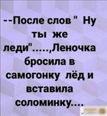 После слов Ну ты же леди Леночка бросила в самогонку лёд и вставила соломинку