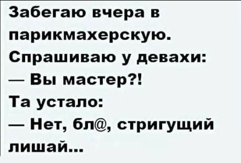 Забегаю вчера в парикмахерскую Спрашиваю у девахи Вы мастер Та устало Нет бп стригущий лишай