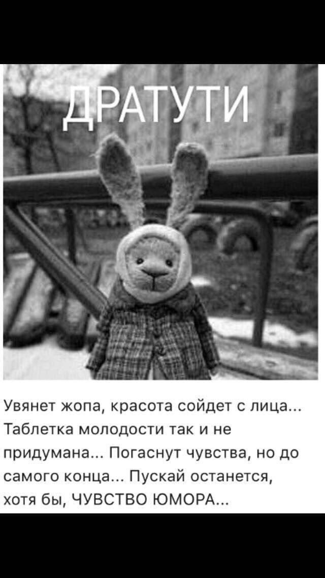 Увянет жопа красота сойдет с лица Таблетка молодости так и не придумана Погаснут чувства но до самого конца Пускай останется хотя бы ЧУВСТВО ЮМОРА