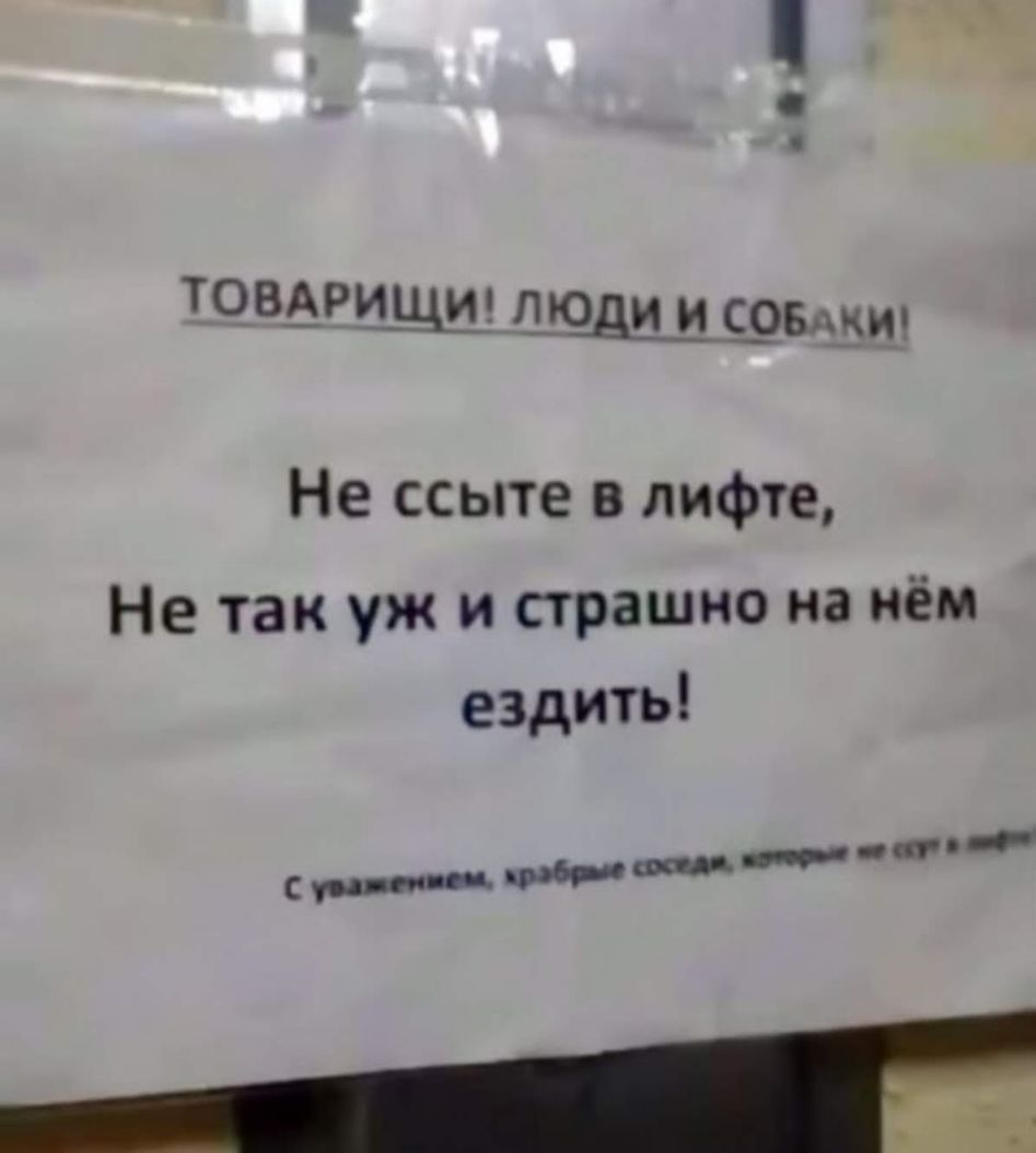 товдрищш люди и срвцкш Не ссыте в лифте Не так уж и страшно на нём ездить Пип