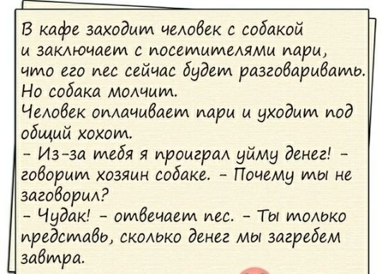 В кафе заходит челобек с собакой и заключает с иосемммыямм пари что его иес сейчас будет разговаривать Но собака мимики Чмобек омачибаепм пары и уходит под общий хохот Изза тебя я тренера уйму денег говорим хозяин собаке Почему мы не заговорил Чудак омбгчашм ига Ты томми ирадсидабь сколоко денег мы загребем завтра