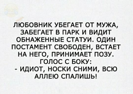 ПЮБОВНИК УБЕГАЕТ ОТ МУЖА ЗАБЕГАЕТ В ПАРК И ВИДИТ ОБНАЖЕННЫЕ СТАТУИ ОДИН ПОСТАМЕНТ СВОБОДЕН ВСТАЕТ НА НЕГО ПРИНИМАЕТ ПОЗУ ГОЛОС С БОКУ ИДИОТ НОСКИ СНИМИ ВСЮ АЛЛЕЮ СПАЛИШЫ