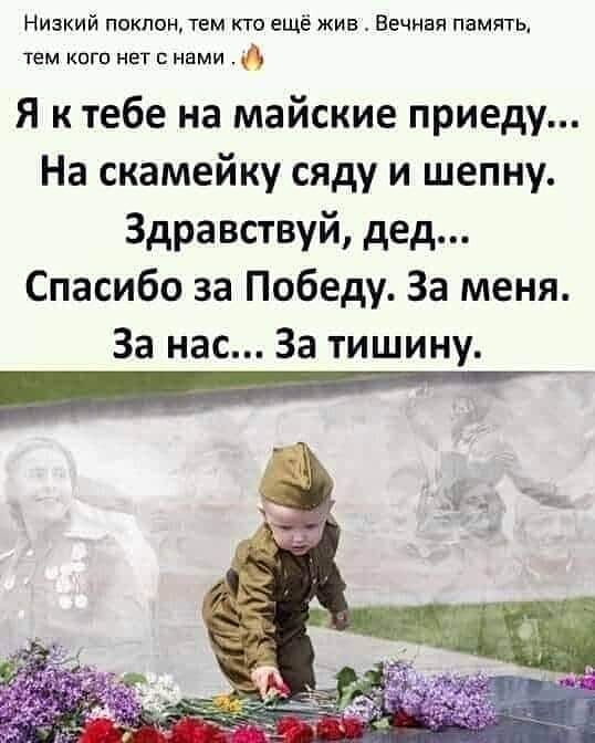 Низкий поклон тем кто ещё жив Вечная память ТЕМ КОГО НЕТ С НБМИ 6 Я к тебе на майские приеду На скамейку сяду и шепну Здравствуй дед Спасибо за Победу За меня За нас За тишину
