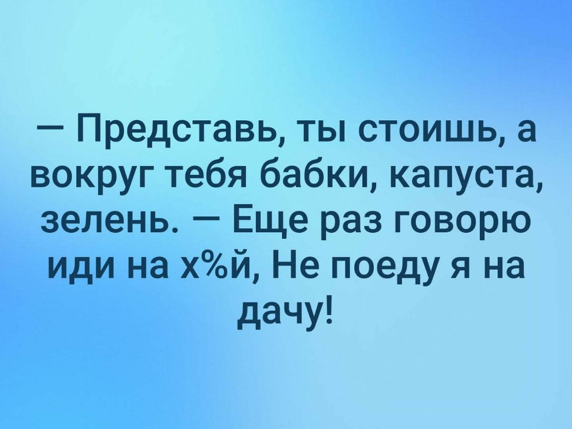 Представь ты стоишь а вокруг тебя бабки капуста зелень Еще раз говорю иди на хой Не поеду я на дачу