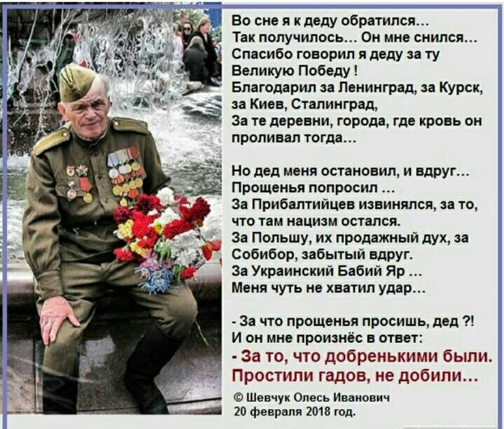 Во сне и к деду обратился Так получилось Он мне снился Спасибо говорил я деду за ту Великую Победу Бпагодарип за Ленинград за Курск за Киев Сталинград За те деревни города где кровь он проливал тогда Но дед меня остановил и вдруг Прощенья попросил За Прибалтийцев извинился за то что там нацизм остался за Польшу их продажный дух за Собибор забытый вдруг За Украинский Бабий Яр Меня чуть не хватил уд