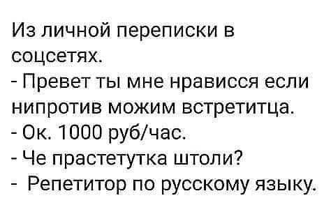 Из личной переписки в соцсетях Превет ты мне нрависся если нипротив можим встретитца Ок 1000 рубчас Че прастетуткз штопи Репетитор по русскому языку