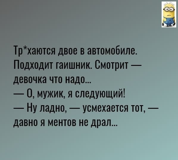 Трхаются двое в автомобиле Подходит гаишник Смотрит девочка что надо О мужик я следующий Ну ладно усмехается тот давно я ментов не драл