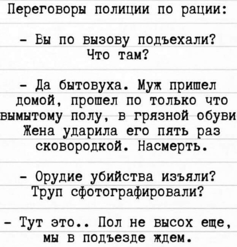 Переговоры полиции по рации Вы по вызову подъехали Что там Да бытовуха Муж пришел домой прошел по только что внмнтому полу в грязной обуви Жена ударила его пять раз сковородкой Насмерть Орудие убийства изъяли Труп сфотографировали Тут это Пол не внсох еще мы в подъезде ждем