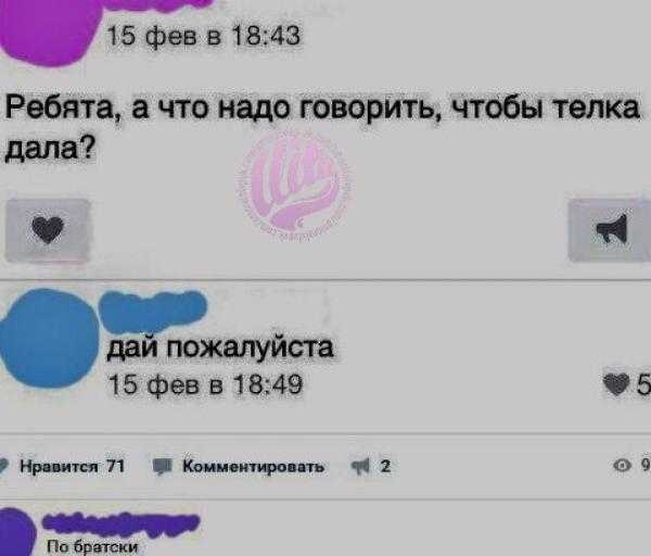 15 1293318143 Ребята а что надо говорить чтобы телка дала 11 даи пожалуйста 15февв1849 5 крты 71 Квиисттвш 11 я 9