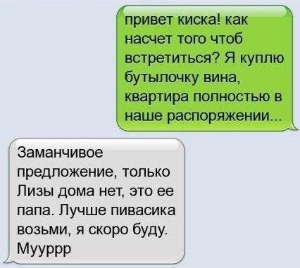 привет киска как насчет того чтоб встретиться Я куппю бутылочку вина квартира полностью в наше распоряжении Заманчивое предложение только Лизы дома нет это ее папа Лучше пивасика возьми я скоро буду Мууррр