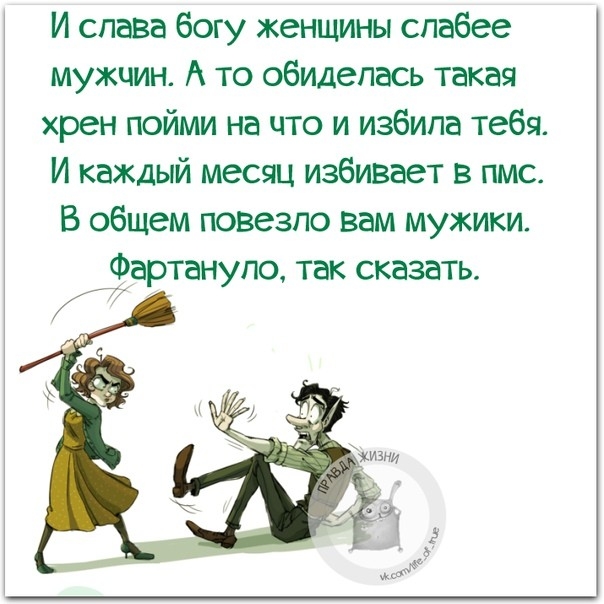И слава богу женщины спабее мужчин А то обиделась такая хрен пойми на что и избила тебя И каждый месяц избивает в пмс В общем повезло вам мужики артанупо так сказать 7
