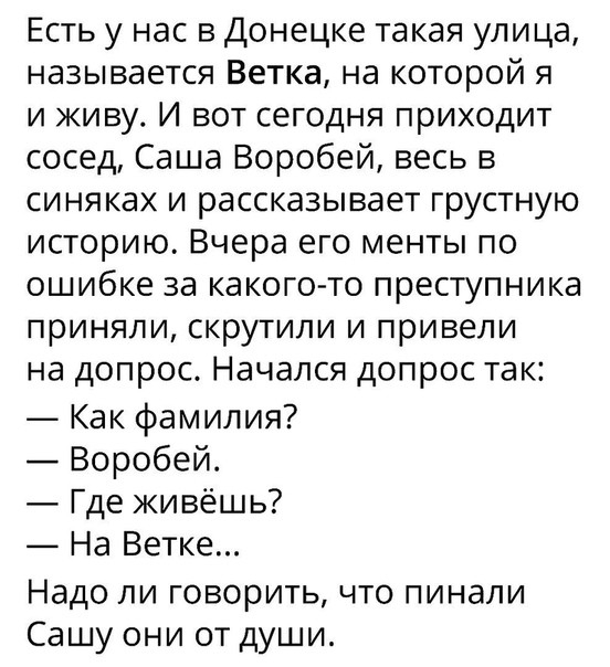 Есть у нас в Донецке такая улица называется Ветка на которой я и живу И вот сегодня приходит сосед Саша Воробей весь в синяках и рассказывает грустную историю Вчера его менты по ошибке за какого то преступника приняли скрутили и привели на допрос Начался допрос так Как фамилия Воробей Где живёшь На Ветке Надо ли говорить что пинали Сашу они от души