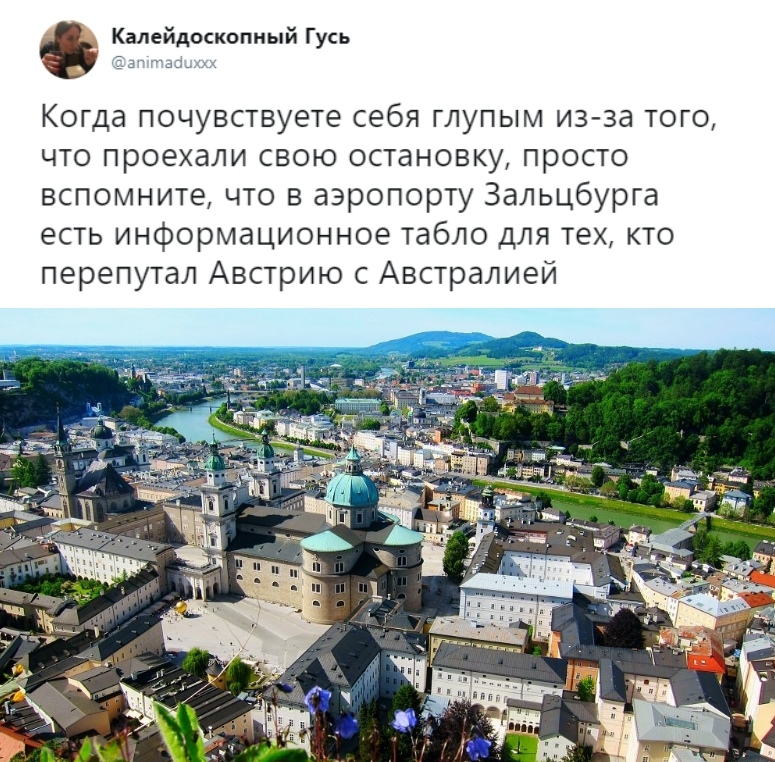 Калейдоскопный Гусь Когда почувствуете себя глупым из за того что проехали свою остановку просто вспомните что в аэропорту Зальцбурга есть информационное табло для тех кто перепутал Австрию с Австралией