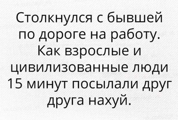 Столкнулся с бывшей по дороге на работу Как взрослые и цивилизованные люди 15 минут посылали друг друга нахуй