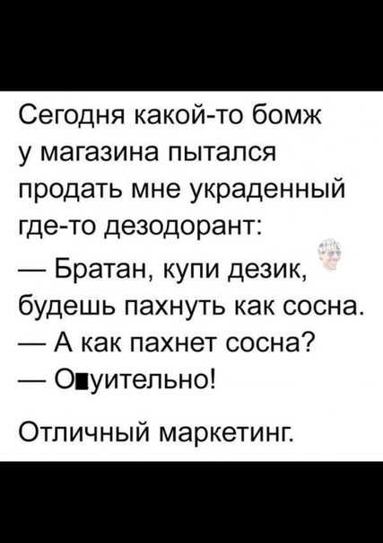 Сегодня какой то бомж у магазина пытался продать мне украденный где то дезодорант Братан купи дезик будешь пахнуть как сосна А как пахнет сосна Оуитепьно Отличный маркетинг