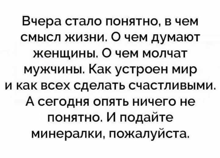 Вчера стало понятно в чем смысл жизни О чем думают женщины 0 чем молчат мужчины Как устроен мир и как всех сделать счастливыми А сегодня опять ничего не понятно И подайте минералки пожалуйста