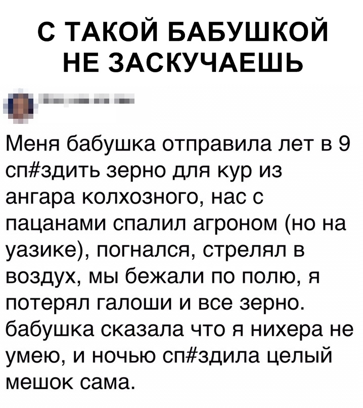 С ТАКОЙ БАБУШКОЙ НЕ ЗАСКУЧАЕШЬ Меня бабушка отправила лет в 9 спздить зерно для кур из ангара колхозного нас с пацанами спалил агроном но на уазике погнался стрелял в воздух мы бежали по полю я потерял галоши и все зерно бабушка сказала что я нихера не умею и ночью спздила целый мешок сама