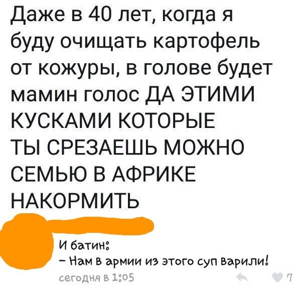Даже в 40 лет когда я буду очищать картофель от кожуры в голове будет мамин голос ДА ЭТИМИ КУСКАМИ КОТОРЫЕ ТЬ СРЕЗАЕШЬ МОЖНО СЕМЬЮ В АФРИКЕ НАКОРМИТЬ И батик Нам в армии из этого суп Варили сегодня в 1і05