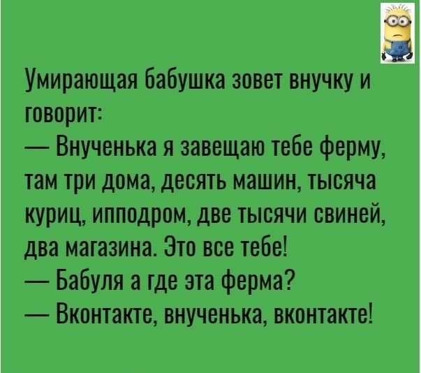 Умирающая бабушка зовет внучку и говорит Внученька я завещаю тебе ферму там три дома десять машин тысяча куриц ипподром две тысячи свиней два магазина Это все тебе Бабуля а где эта ферма Вконтакте внученька вконтакте