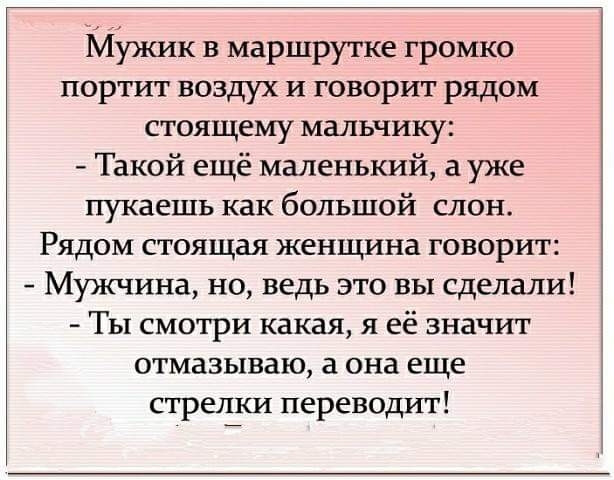 Мужик в маршрутке громко портит воздух и говорит рядом стоящему мальчику Такой ещё маленький ауже пукаешь как большой слон Рядом стоящая женщина говорит Мужчина но ведь это вы сделали Ты смотри какая я её значит отмазываю а она еще стреляет переводит
