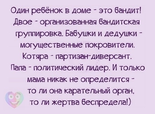 Один ребёнок в Доме это бандит Двое организованная бандитская группировка Бабушки и дедушки могущественные покровители Котяра партизандиверсант Папа политический пидер И только мама никак не определится то ли она карательный орган то ли жертва беспредела