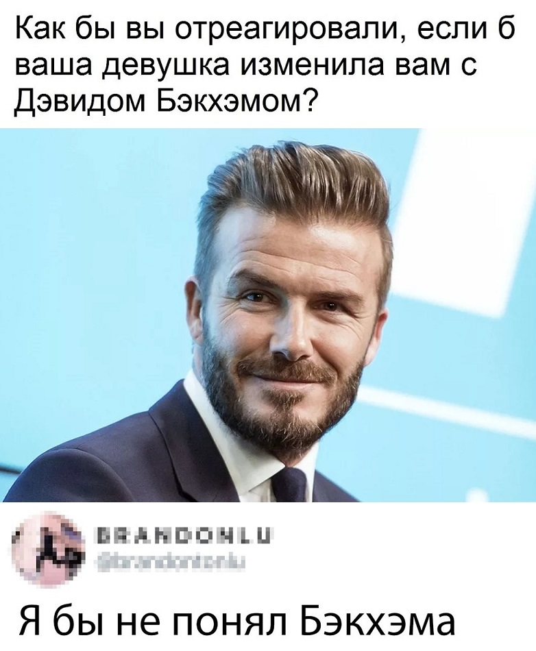 Как бы вы отреагировали если б ваша девушка изменила вам с Дэвидом Бэкхэмом г шприц синиц Я бы не понял Бэкхэма