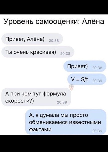Уровень самооценки Алёна Привет Алёна Ты очень красивая Привет А при чем тут формула скорости А я думала мы просто обмениваемся известными фактами