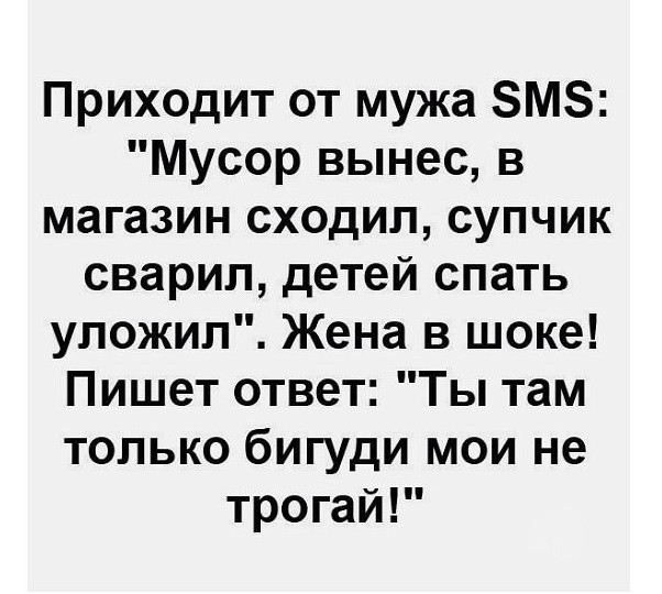 Приходит от мужа ЗМЗ Мусор вынес в магазин сходил супчик сварил детей спать уложил Жена в шоке Пишет ответ Ты там только бигуди мои не трогай