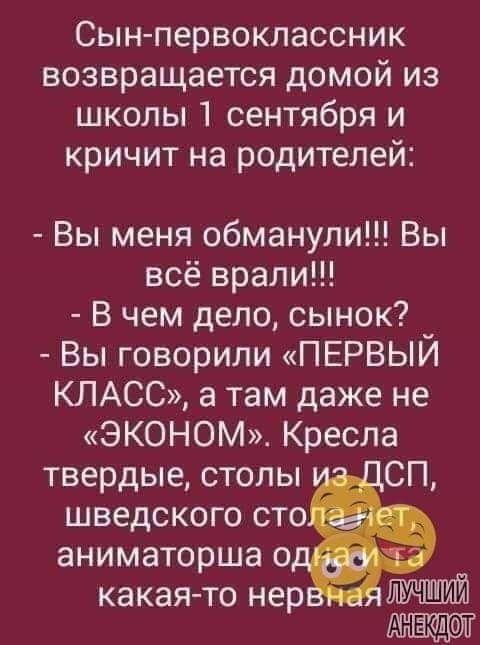 Сын первоклассник возвращается домой из школы 1 сентября и кричит на родителей Вы меня обманули Вы всё врали В чем дело сынок Вы говорили ПЕРВЫЙ КЛАСС а там даже не ЭКОНОМ Кресла твердые столы СП шведского сто аниматорша о какая то нер АНЕКДОТ